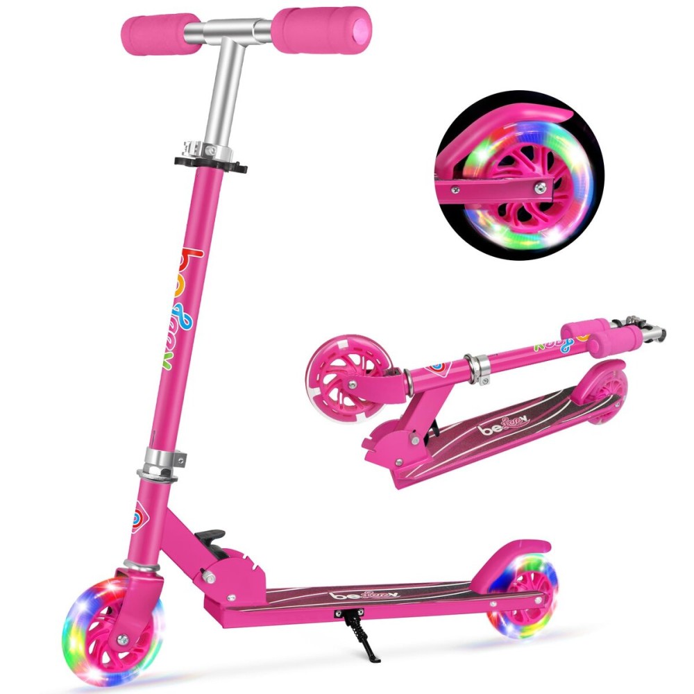 BELEEV V1 Kids Scooters for Girls, 2 Wheel Folding Kick Scooter with Light Up Wheels, 3 Adjustable Height, Lightweight Scooter with Kickstand for Children Ages 3-12 (Hot Pink)