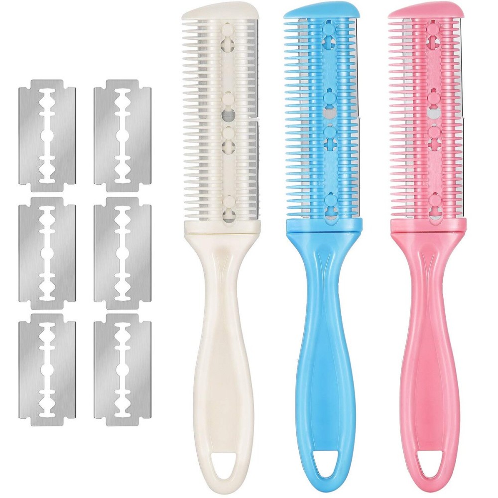 Maitys 3 Pcs Haircut Razor Comb Hair Cutting Comb with 12 Replacement Blades Double Edge Shaper for Salon & Home Styling Split Ends Trimmer Styler for Thick and Thin Hair (White, Pink, Blue)