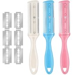Maitys 3 Pcs Haircut Razor Comb Hair Cutting Comb with 12 Replacement Blades Double Edge Shaper for Salon & Home Styling Split Ends Trimmer Styler for Thick and Thin Hair (White, Pink, Blue)