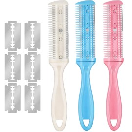 Maitys 3 Pcs Haircut Razor Comb Hair Cutting Comb with 12 Replacement Blades Double Edge Shaper for Salon & Home Styling Split Ends Trimmer Styler for Thick and Thin Hair (White, Pink, Blue)