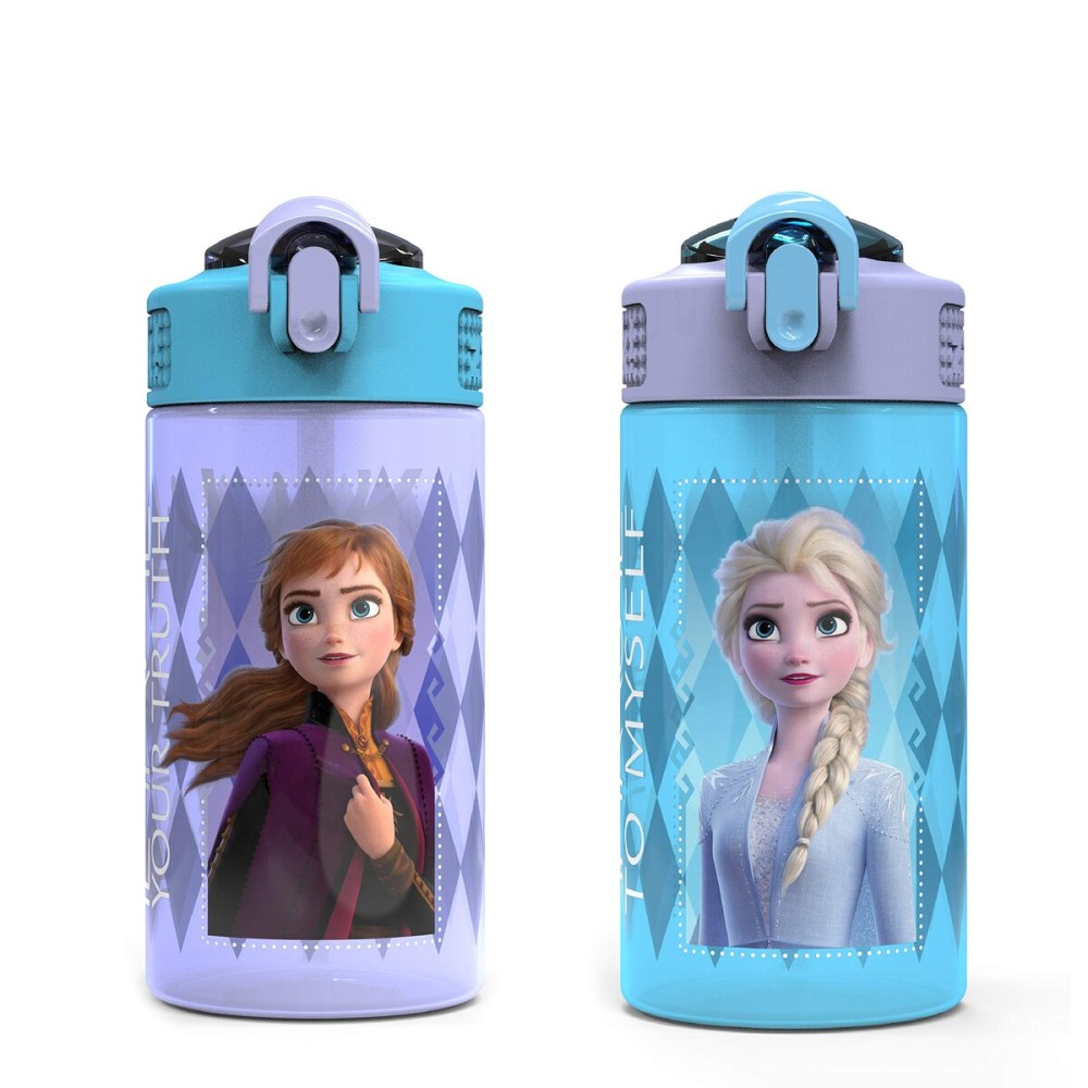 Zak Designs Disney Frozen 2 Kids Water Bottle with Spout Cover and Carrying Loop, Durable Plastic, Leak-Proof Water Bottle Design for Travel (16 oz, 2-Pack, Non-BPA, Elsa & Anna)