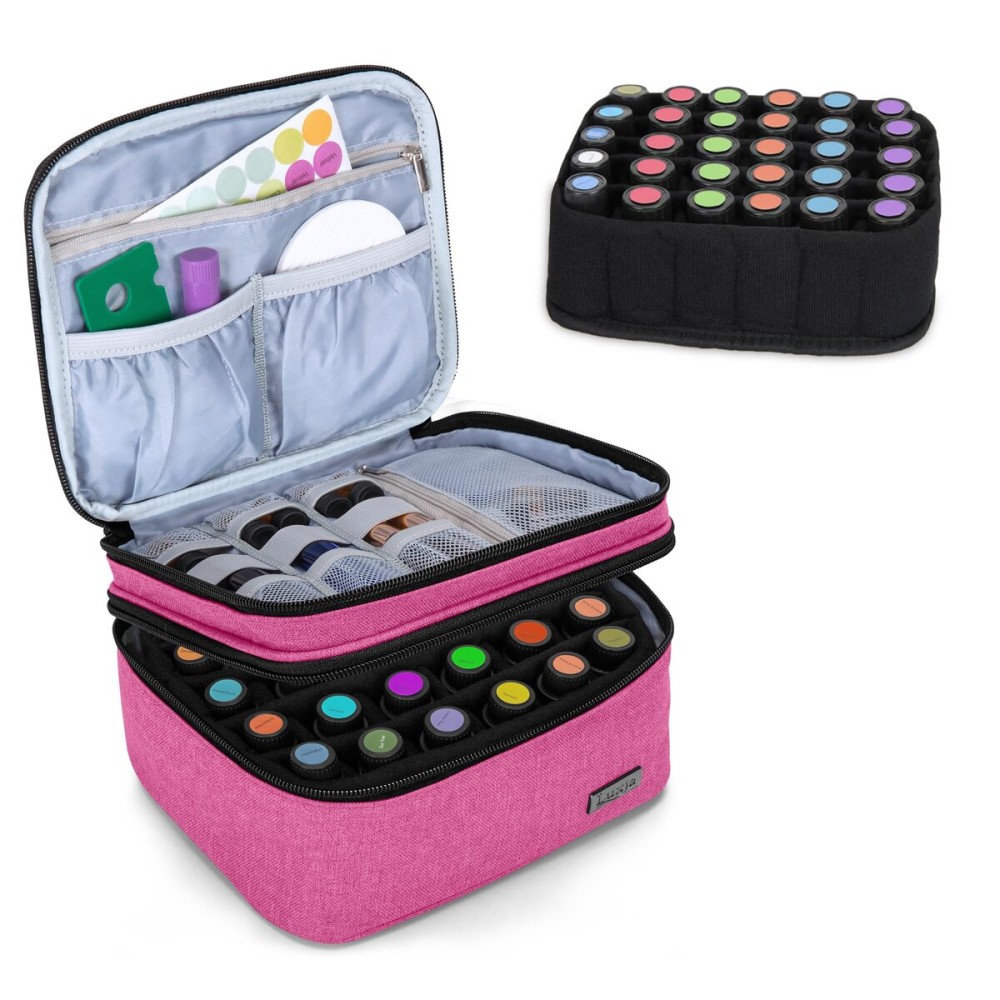 LUXJA Essential Oil Carrying Case - Holds 30 Bottles (5ml-30ml, Also Fits for Roller Bottles), Double-Layer Organizer for Essential Oil and Accessories, Pink (Bag Only)