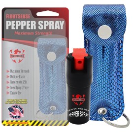 FIGHTSENSE Self Defense Pepper Spray - 1/2 oz Compact Size Maximum Strength Police Grade Formula Best Self Defense Tool for Women W/Leather Pouch Keychain (Blue Snack)