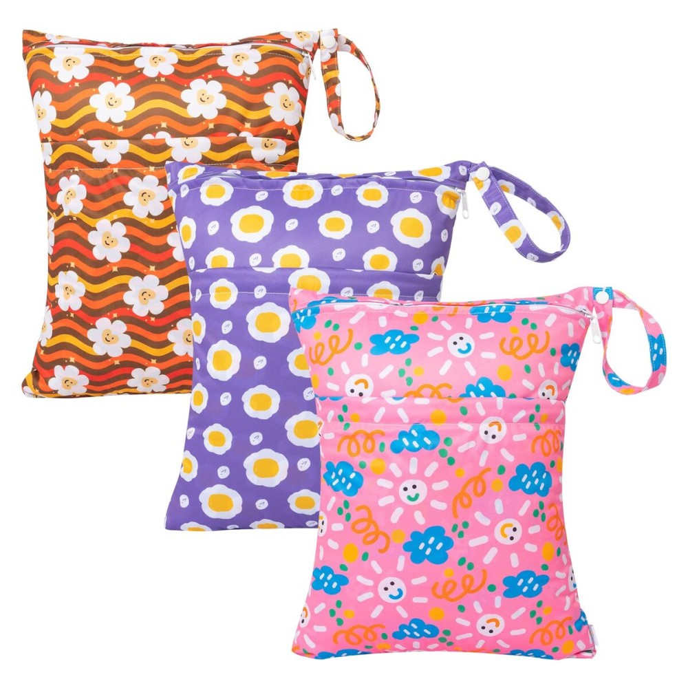 babygoal Wet Dry Bags for Baby Cloth Diapers, Washable Travel Bags, Beach, Pool, Gym Bag for Swimsuits & Wet Clothes with Two Zippered Pockets 3 Pack 3LN07