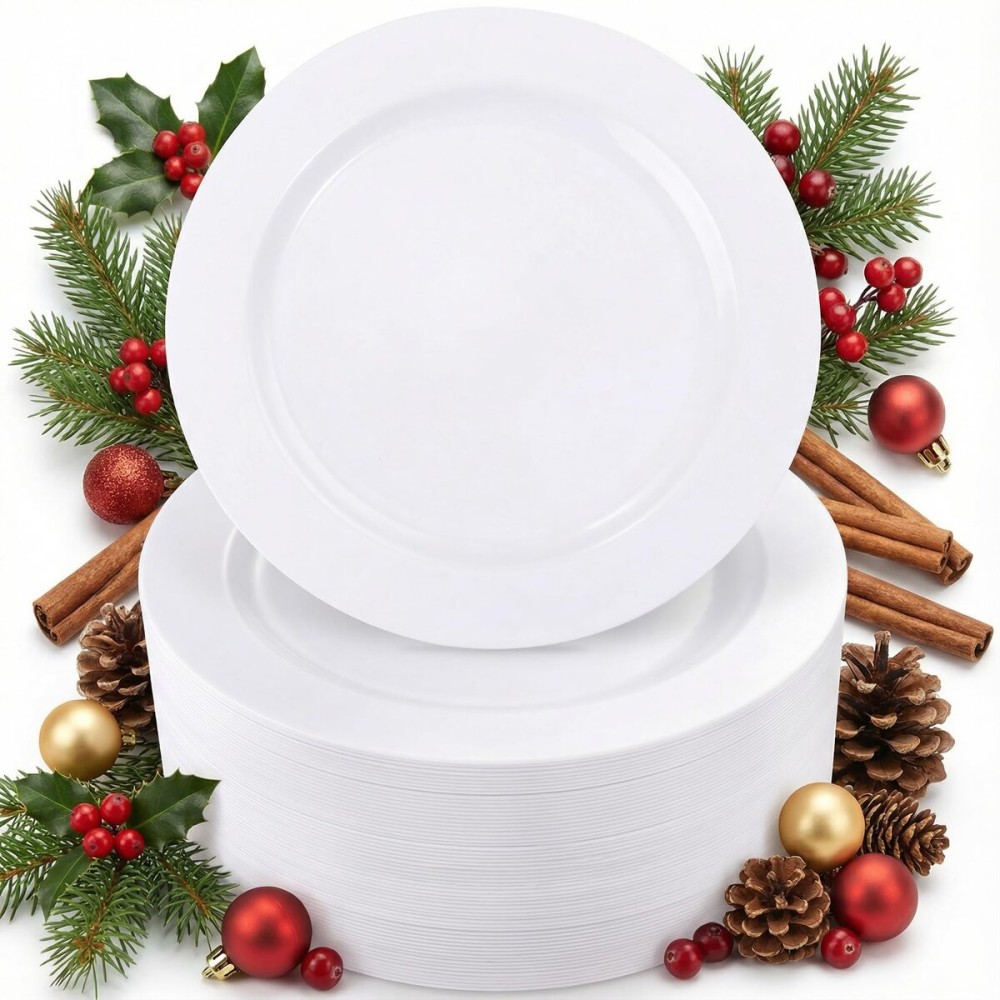I00000 50 Pcs White Plastic Dessert Plates, 7.5 inch Disposable Salad Plates, Premium Appetizer Plates for Party, White Plastic Plates for Wedding