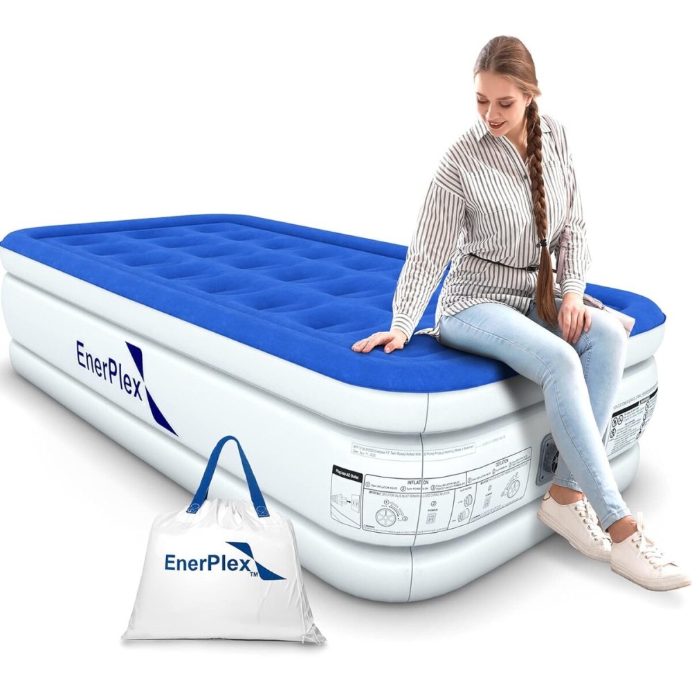 EnerPlex Twin Air Mattress with Built-in Pump - 18 Inch Double Height Inflatable Mattress for Camping, Home & Portable Travel - Durable Blow Up Bed with Dual Pump - Easy to Inflate/Quick Set Up