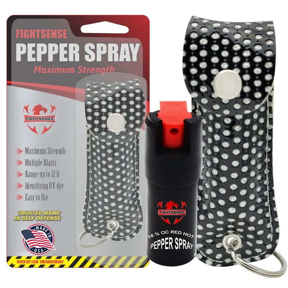 FIGHTSENSE Self Defense Pepper Spray - 1/2 oz Compact Size Maximum Strength Police Grade Formula Best Self Defense Tool for Women W/Leather Pouch Keychain (Black Bling)