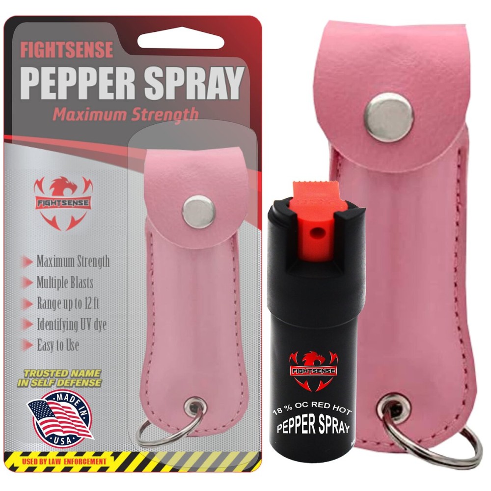 FIGHTSENSE Self Defense Pepper Spray - 1/2 oz Compact Size Maximum Strength Police Grade Formula Best Self Defense Tool for Women W/Leather Pouch Keychain (Pink)