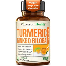 Ginkgo Biloba and Turmeric Curcumin Supplement with Black Pepper & Organic Tumeric - Natural Turmeric Supplement for Focus, Memory, Joint & Brain Health - 60 Vegan Ginko Biloba Capsules with Curcuma