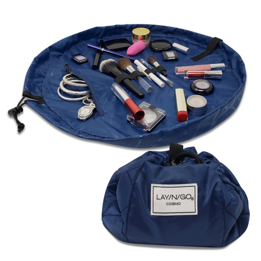 Lay-n-Go Cosmo Layflat Drawstring Cosmetic & Makeup Bag Organizer w/Zipper Pocket, Brush Loops & More, Cinch to Close, Lay Flat to Use, Durable, Machine Wash, Travel Toiletry Bag (20, Navy)
