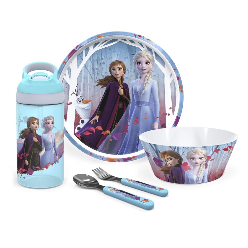 Zak Designs 5-Piece Dinnerware Set, Disney Frozen 2 - Durable Plastic & Stainless Steel - Includes Water Bottle, 8-Inch Plate, 6-Inch Bowl, Fork & Spoon - Suitable for Kids Ages 3+