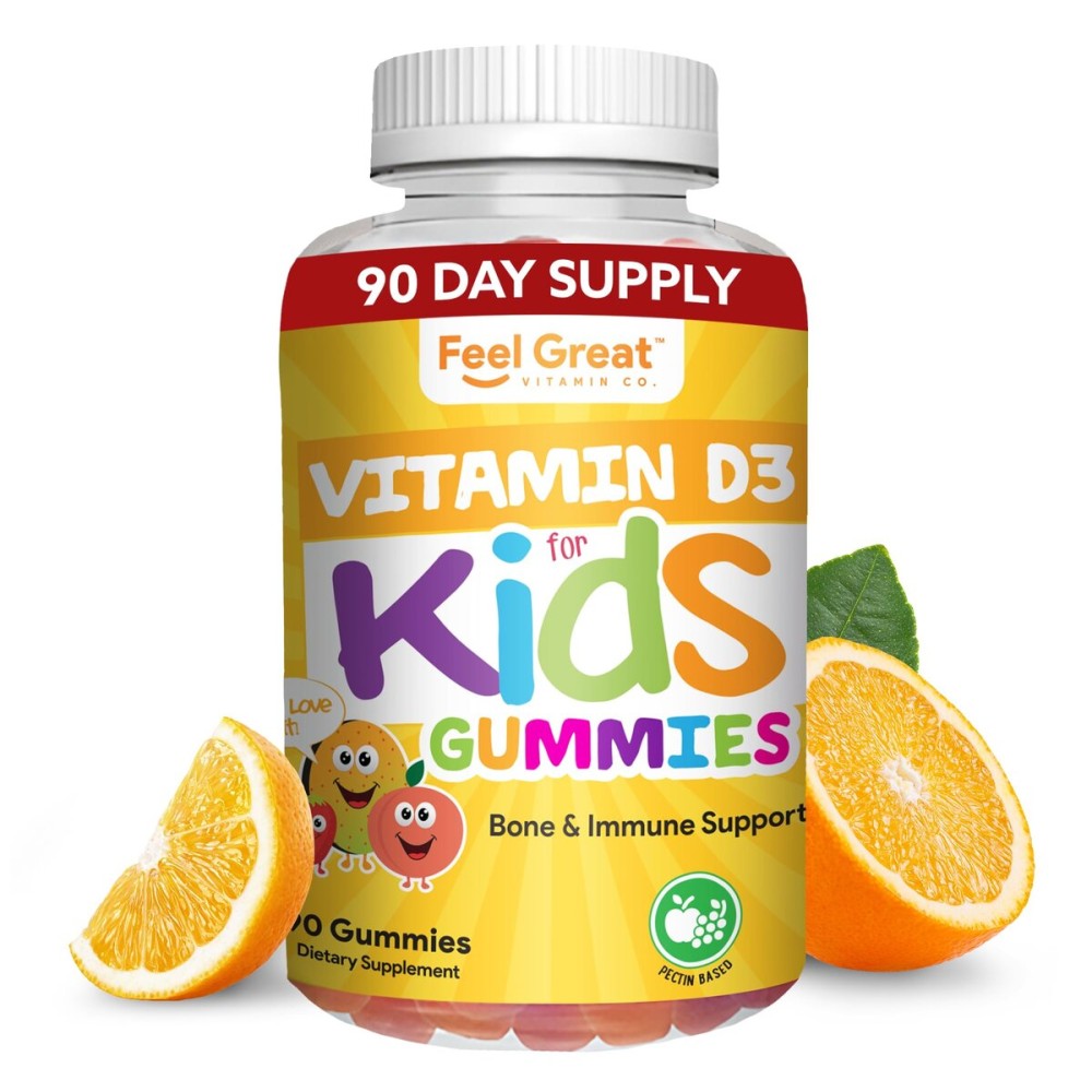 Feel Great Kids Vitamin D3 1000 IU | Kids Vitamin D Gummies for Healthy Bones, Mood, & Immune Support | Citrus Flavored Vegetarian D3 Gummies | 90 Day Supply