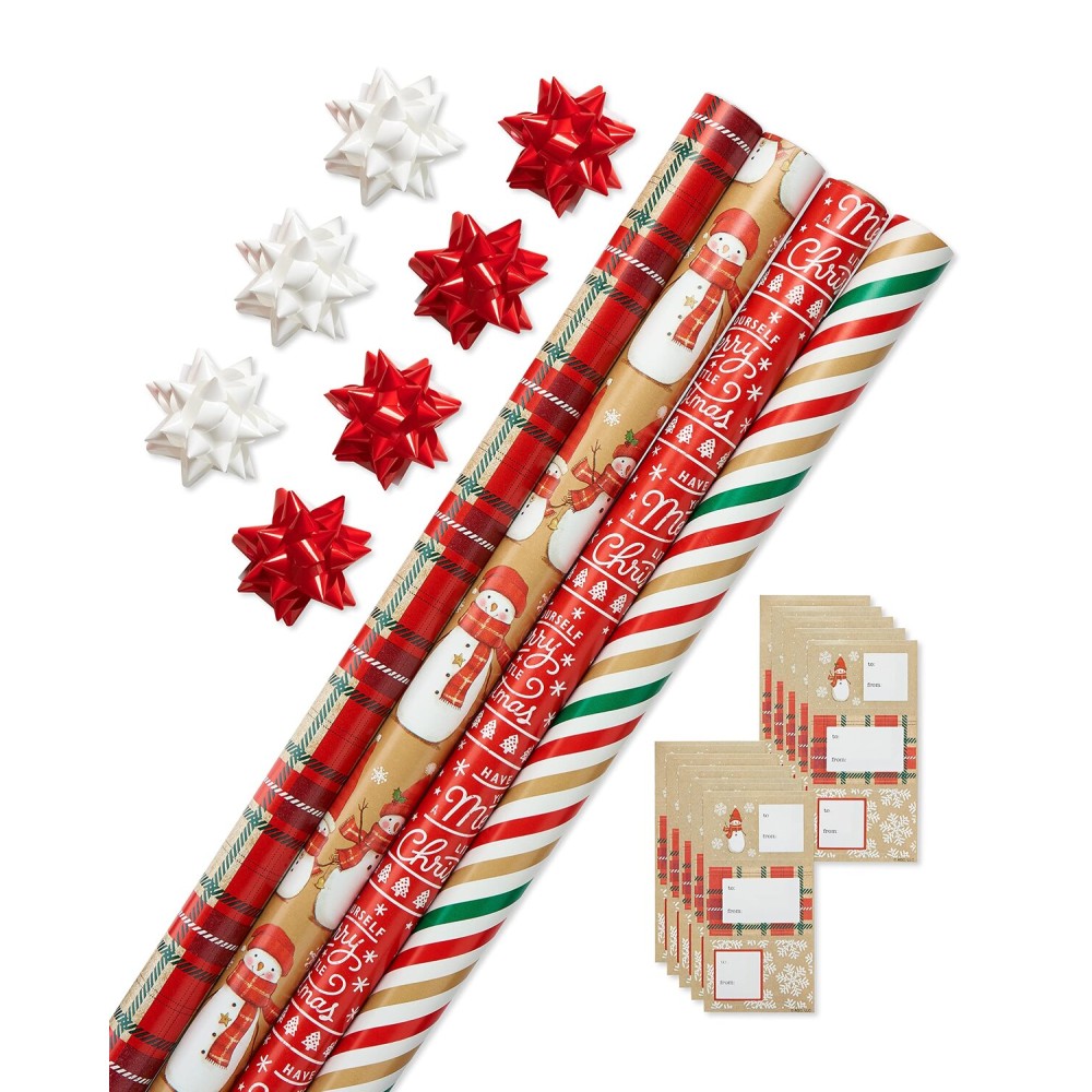 American Greetings Christmas Wrapping Paper Set, Red and Tan Brown Holiday Gift Wrap (120 sq. ft., 4 rolls-30 in. x 12 ft., 7 Adhesive Bows, 30 Gift Tag Stickers) Plaid, Stripes, and Snowmen