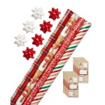 American Greetings Christmas Wrapping Paper Set, Red and Tan Brown Holiday Gift Wrap (120 sq. ft., 4 rolls-30 in. x 12 ft., 7 Adhesive Bows, 30 Gift Tag Stickers) Plaid, Stripes, and Snowmen