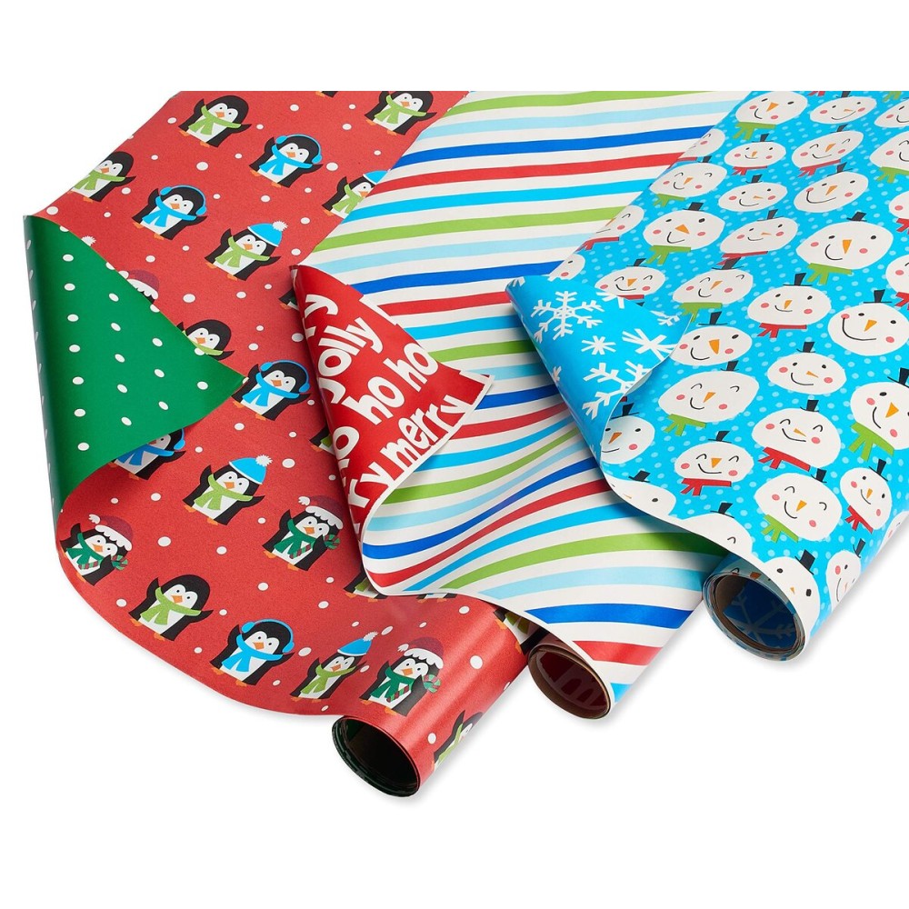 American Greetings Reversible Kids Christmas Wrapping Paper Rolls, Red, Blue, Green Holiday Gift Wrap (120 sq. ft., 3 Wide Rolls-40 in. x 12 ft.) Penguins, Snowmen, Merry Christmas, Ho Ho Ho