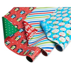 American Greetings Reversible Kids Christmas Wrapping Paper Rolls, Red, Blue, Green Holiday Gift Wrap (120 sq. ft., 3 Wide Rolls-40 in. x 12 ft.) Penguins, Snowmen, Merry Christmas, Ho Ho Ho
