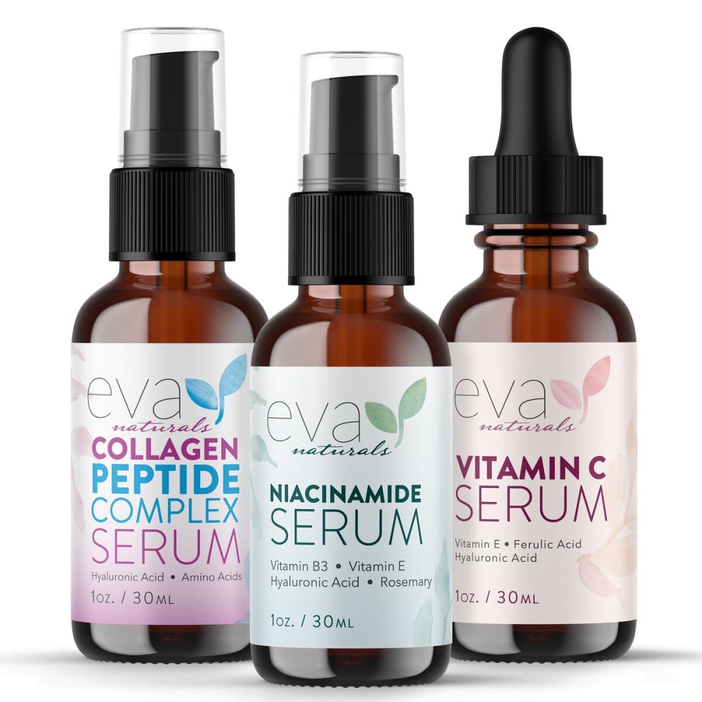 Eva Naturals Firm & Glow Serum Bundle - Vitamin C, Peptide & Niacinamide Serums - Anti-Aging Face Serum Set for Wrinkles, Glow, Pores, Hydration - Collagen Boosting Skin Care Routine