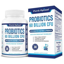 Purely Optimal Premium Probiotics 60 Billion CFU w/Organic Prebiotics & Digestive Enzymes