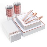 FOCUSLINE 175 Count Rose Gold Dinnerware Set for 25 Guests - Square Plastic Plates with Rose Gold Rim, Includes 25 Disposable Dinner & Dessert Plates, Napkins, Cups, Cutlery Set for Wedding Parties