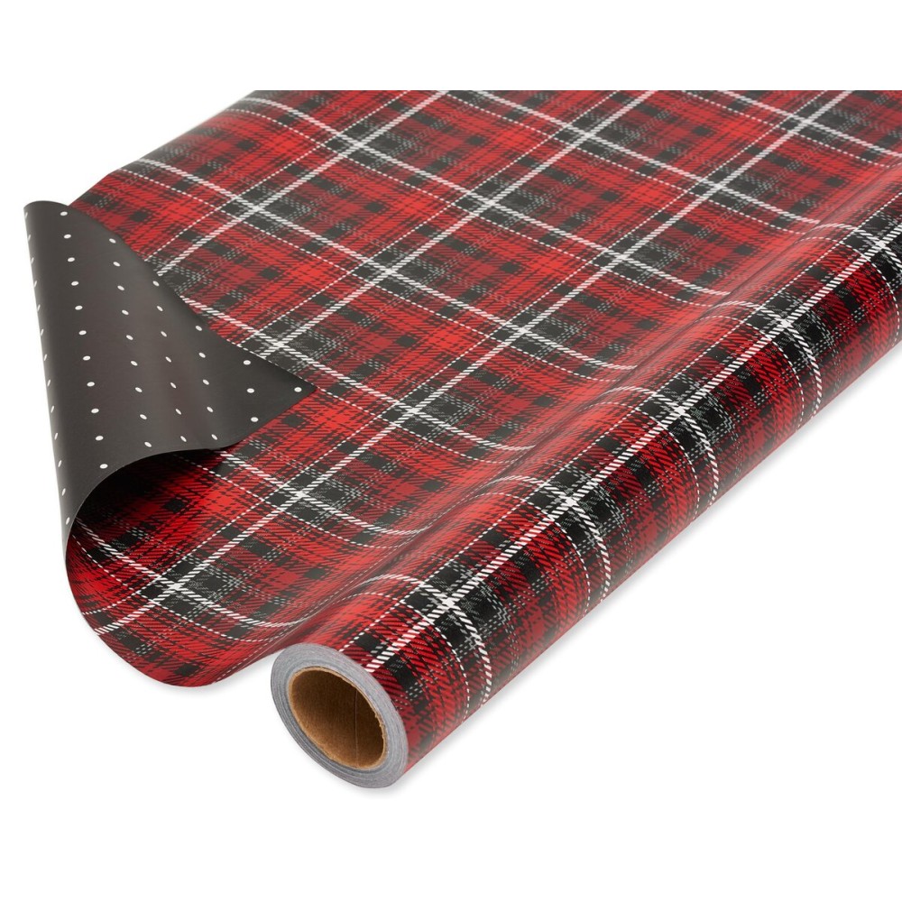 American Greetings Jumbo Reversible Wrapping Paper Roll for Christmas, Red and Black Holiday Gift Wrap (175 sq. ft., 1 Extra Large Roll-30 in. x 70 ft.) Polka Dots and Plaid