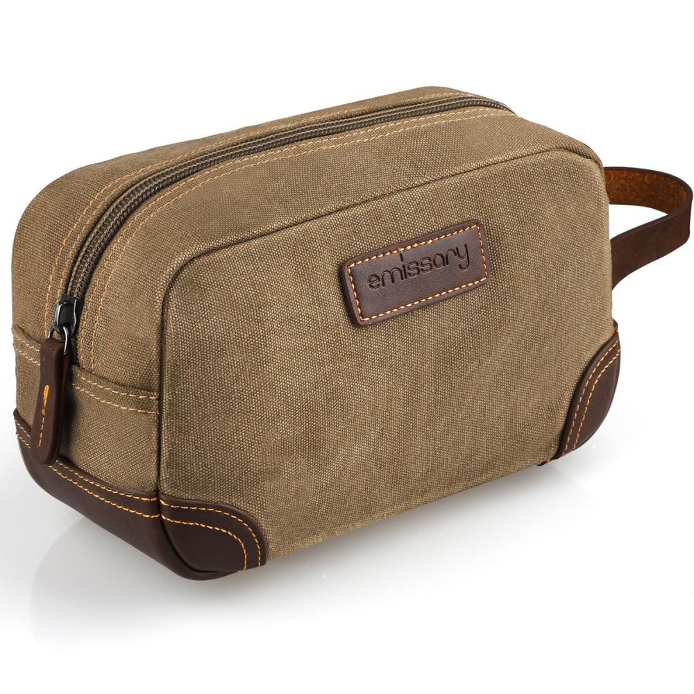 Emissary Men\'s Leather and Canvas Travel Toiletry Bag, Dopp Kit, Travel Bathroom Bag, Shaving Kit, Small Bags for Travel Accessories (Brown)