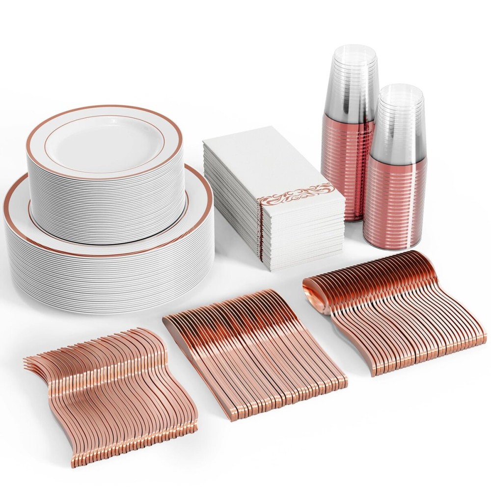 FOCUSLINE 350 Ct Disposable Dinnerware Set for 50 Guests -Heavy Duty Plastic Plates with Rose Gold Rim, Includes 50 Dinner & Salad Plates, Cups, Napkins, Cutlery Set