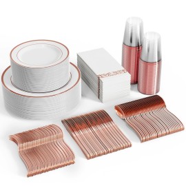 FOCUSLINE 350 Ct Disposable Dinnerware Set for 50 Guests -Heavy Duty Plastic Plates with Rose Gold Rim, Includes 50 Dinner & Salad Plates, Cups, Napkins, Cutlery Set
