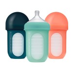 Boon Nursh Reusable Silicone Pouch Baby Bottles - Medium Flow Nipple - Silicone Baby Bottle Pouch and Nipple - Baby Feeding Essentials - Mint - 3-6 Months - 3 Count - 8 Ounce
