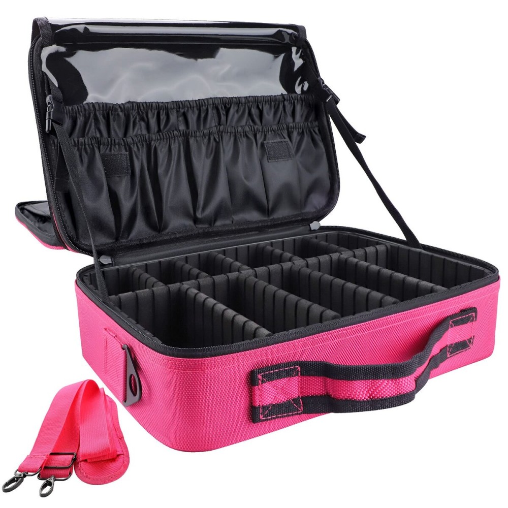 gzcz Travel Makeup Bag,Professional Cosmetic Bags for Women,Portable Makeup Brush Case Organizer Storage with Adjustable Dividers and Shoulder Strap (Medium)
