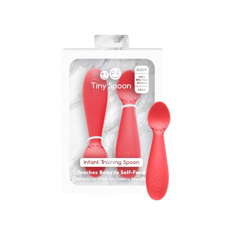 ezpz Tiny Spoon (2 Pack in Coral) - 6 Months+ - 100% Silicone Spoon for Baby Led Weaning + Purees - Designed by a Pediatric Feeding Specialist - Shower Essentials & Gifts
