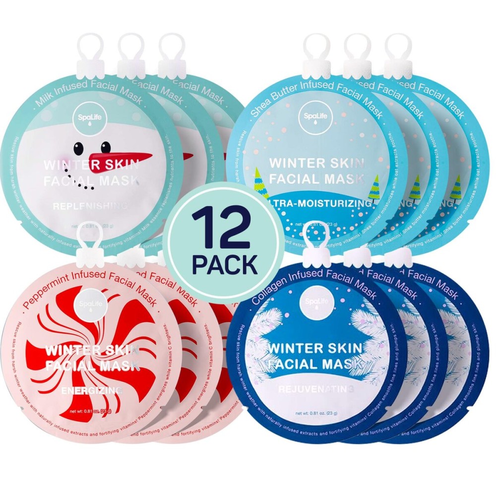 SpaLife Beauty Winter Skin Christmas Face Mask Bundle | Korean Facial Masks | Hydrating, Moisturizing and Firming Sheet Mask Set | Christmas Gifts for Women | 12 Pack