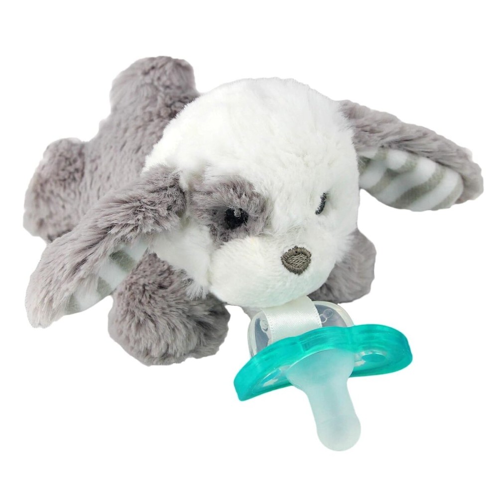 RaZbaby JollyPop Pacifier, Holder w/Detachable Baby Pacifier, Stuffed Animal RaZbuddy, All Ages 0M+, 100% Medical Grade USA Made Silicone, Machine Washable, Textured & Easy to Hold - Puppy