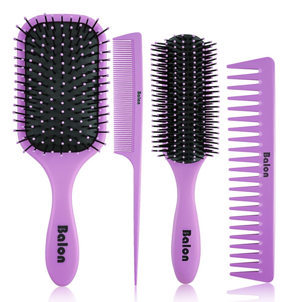 4Pcs Detangling Hair Brush Set for Women - Paddle Brush for Wet or Dry, No More Tangles for Straight, Long, Thick, Curly, and Natural Hair (Purple)