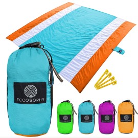 ECCOSOPHY Sandproof Beach Blanket - Oversized Sand Free Beach Mat 9\'x10\' - Lightweight Outdoor Picnic Blanket Anchored with 4 Corner Sand Pockets & Plastic Stakes - Heat Proof, Quick Drying & Compact