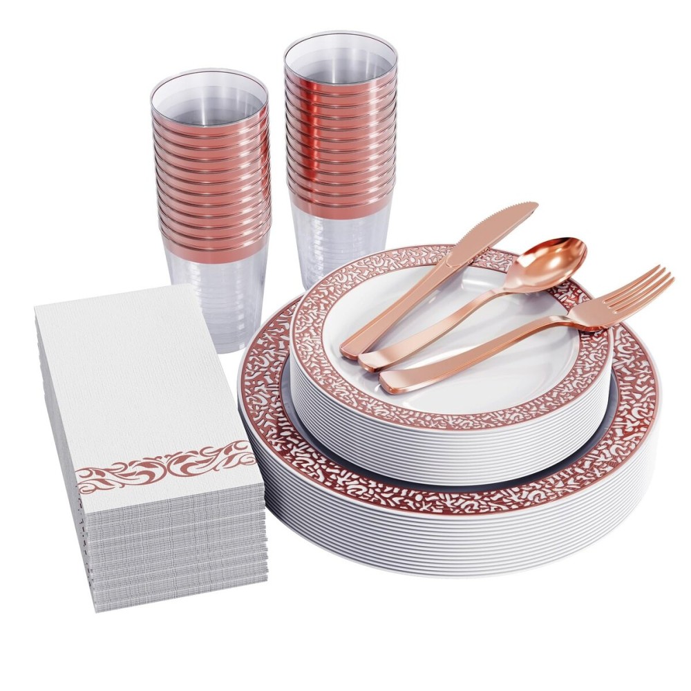 FOCUSLINE 175 Ct Rose Gold Dinnerware Set for 25 Guests, Plastic Plates with Rose Gold Lace Rim Design, Including 25 Disposable Dinner & Dessert Plates, Cups, Napkins, Cutlery Set
