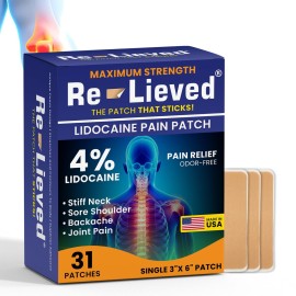 Re-Lieved 4% Lidocaine Patches Maximum Strength - Aluminum-Free, Water Resistant and USA Made -Superior Sticking Pain Relief Patches Quickly Relieves Back, Joints and Muscle Pain-3x6 Inches (31 Count)