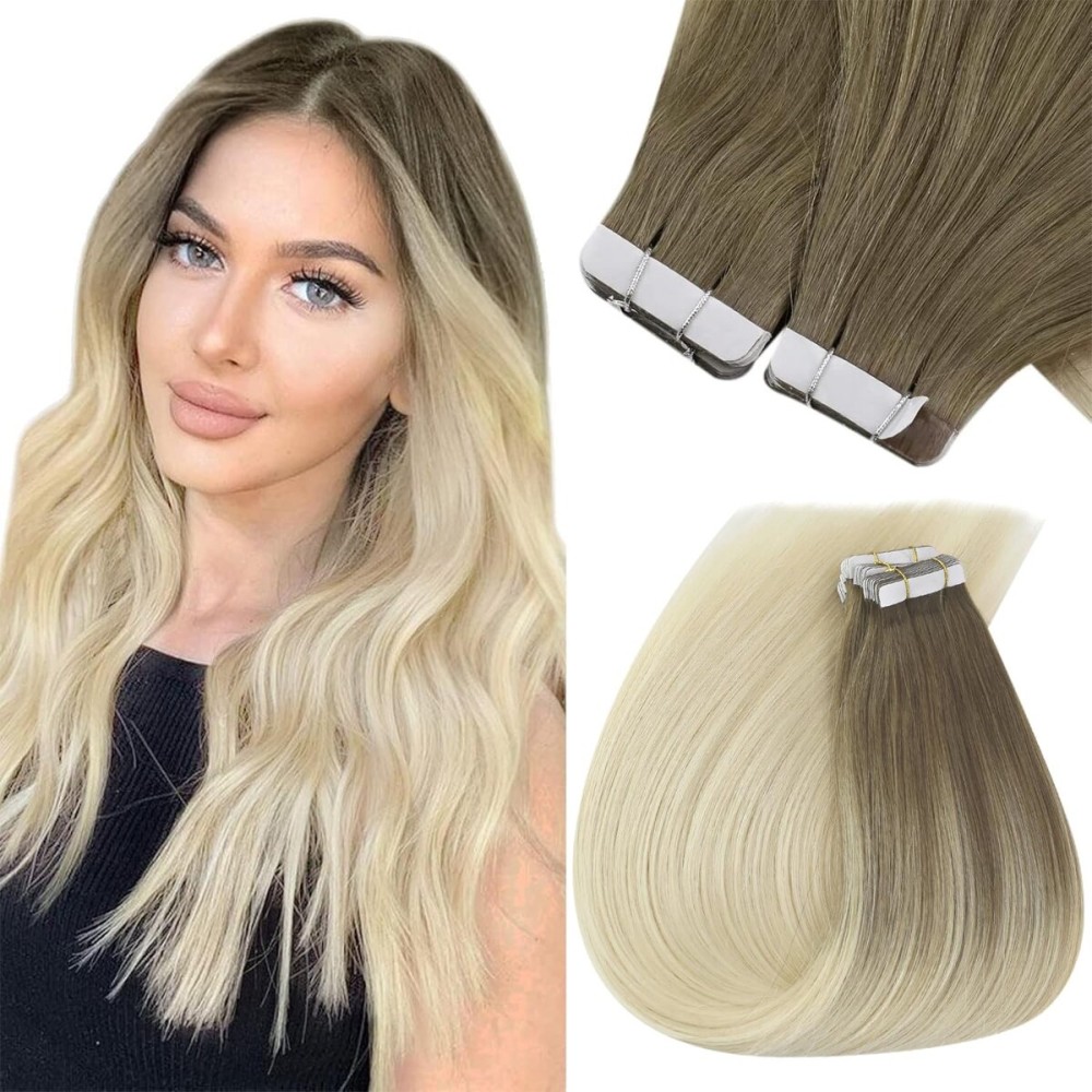 Sunny Hair Tape in Hair Extensions Real Human Hair Invisible Remy Hair Extensions Tape ins for Women Light Brown Root to Platinum Blonde Balayage 24 inch 20Pcs 50G