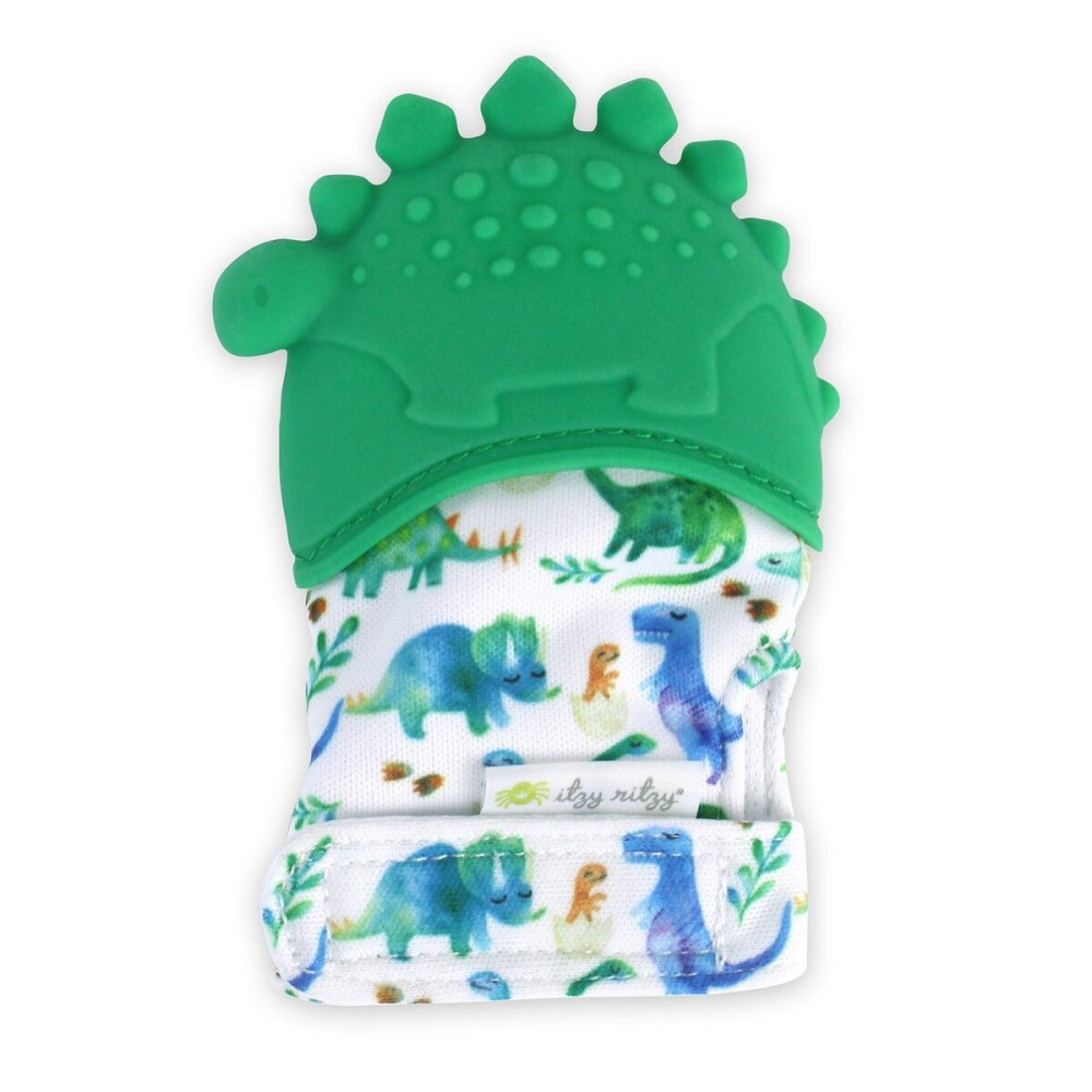 Itzy Ritzy Silicone Teething Mitt - Soothing Infant Teething Mitten with Adjustable Strap, Crinkle Sound & Textured Silicone to Soothe Sore & Swollen Gums - for Ages 3 Months & Up (Green Dinosaur)