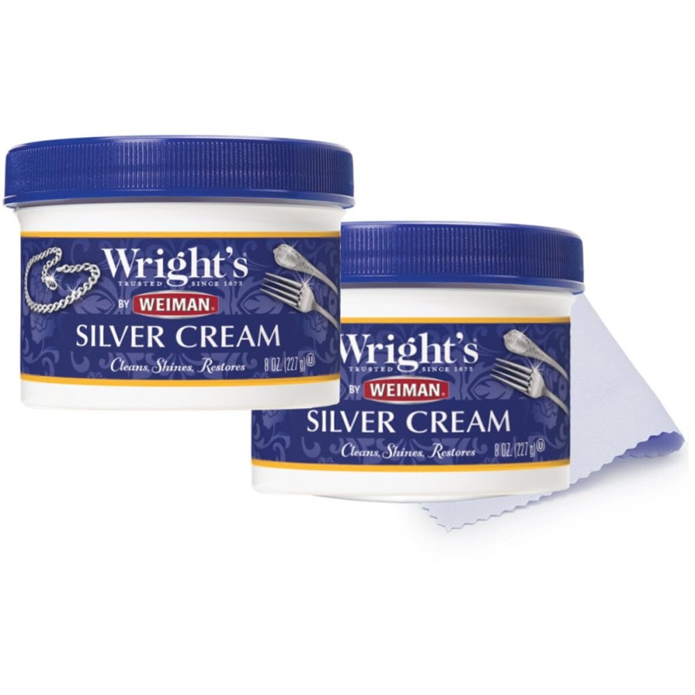 Wright\'s by Weiman Silver Cleaner and Polish Cream - Gently Clean and Remove Tarnish without Scratching, Ammonia-Free, 8 Ounce, 2 Pack with Polishing Cloth