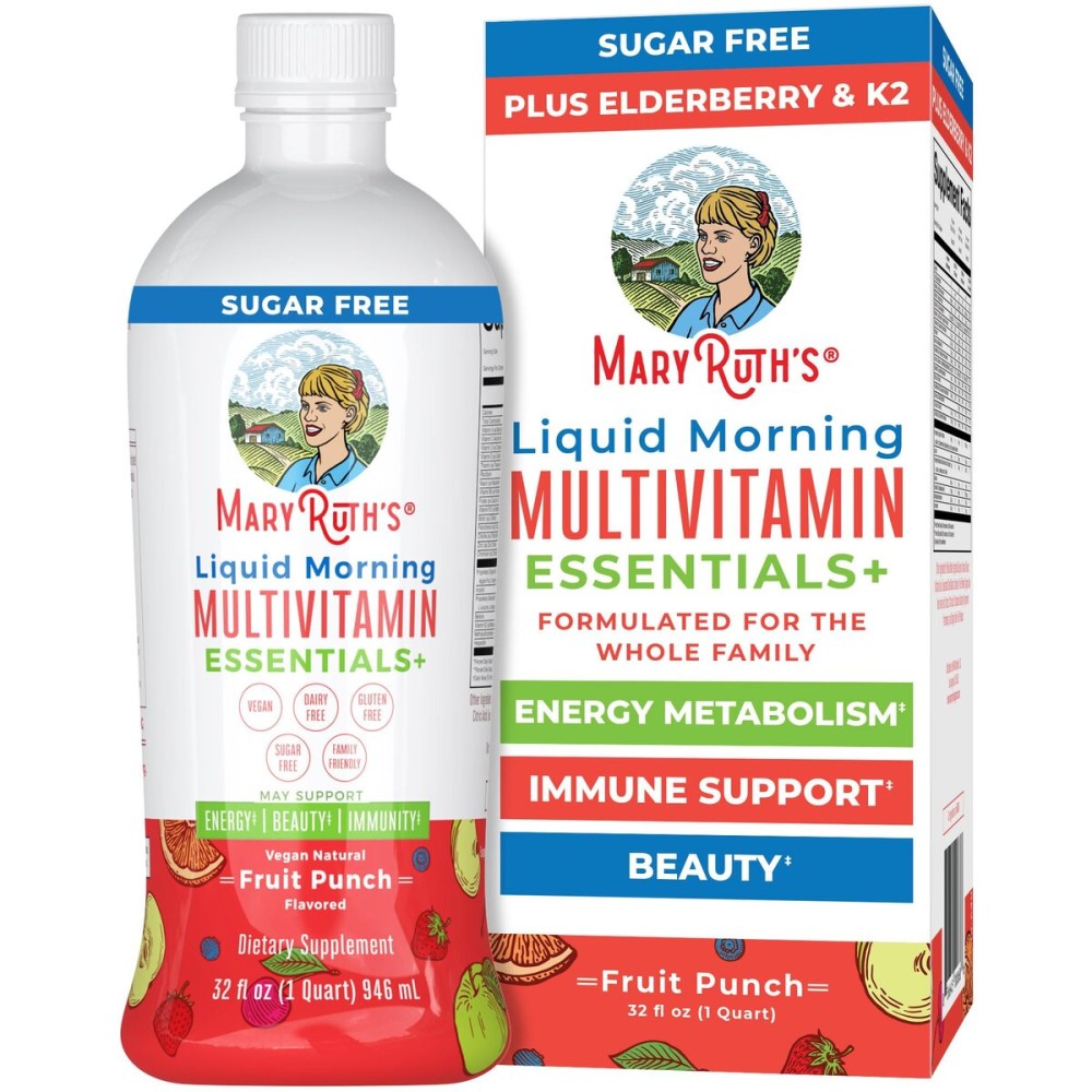 MaryRuth Organics Liquid Morning Multivitamin Essentials+ | Vitamin A C D E B6 B12 Biotin Zinc, Mens Womens Multivitamin, Immune Support, Beauty | Sugar Free | Vitamins for Ages 1+ | Vegan | 32 Fl Oz