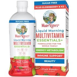 MaryRuth Organics Liquid Morning Multivitamin Essentials+ | Vitamin A C D E B6 B12 Biotin Zinc, Mens Womens Multivitamin, Immune Support, Beauty | Sugar Free | Vitamins for Ages 1+ | Vegan | 32 Fl Oz