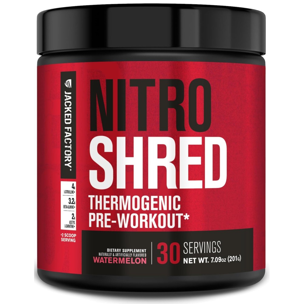 Jacked Factory NITROSURGE Shred Pre Workout Supplement - Energy Booster, Instant Strength Gains, Sharp Focus, Powerful Pumps - Nitric Oxide Booster & PreWorkout Powder - 30Sv, Watermelon
