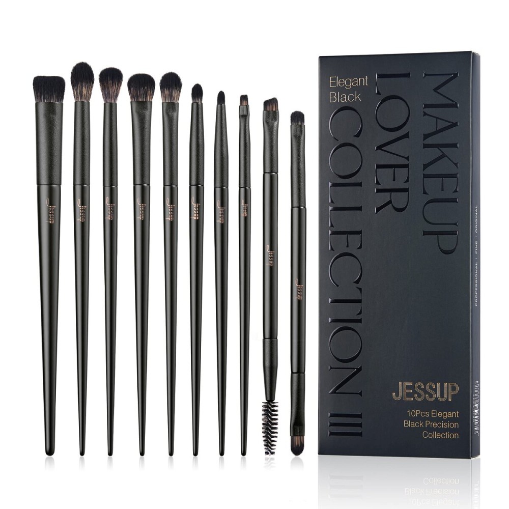 Jessup Eyeshadow Brush Set, 10Pcs Eye Makeup Brushes Professional for Blending Eye Shadow Liner Crease, Duo-end Brow Brush, Elegant Black T337