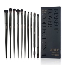 Jessup Eyeshadow Brush Set, 10Pcs Eye Makeup Brushes Professional for Blending Eye Shadow Liner Crease, Duo-end Brow Brush, Elegant Black T337