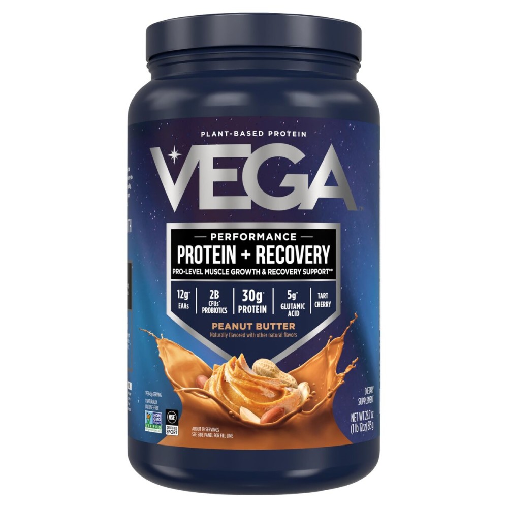 Vega Sport Vegan Protein Powder + Recovery - 30g Plant Based Protein per Serving, Peanut Butter, 19 Servings, 5g BCAAs, Probiotics, NSF Certified, for Shakes & Smoothies, 1.8lbs (Packaging May Vary)