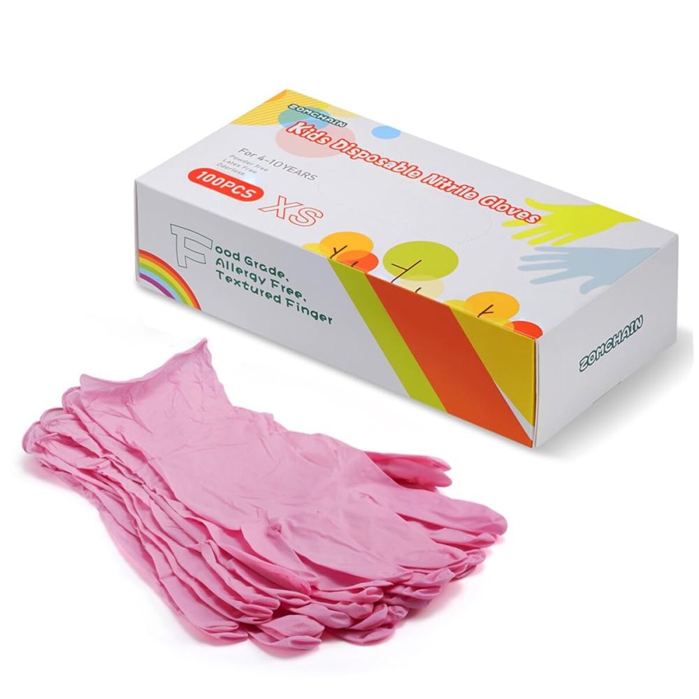 Kids Gloves Disposable, Nitrile Glove for Childen, Latex Free Gloves, Powder Free - for Crafting, Painting, Cleaning- 100 PCS (XS-Pink)