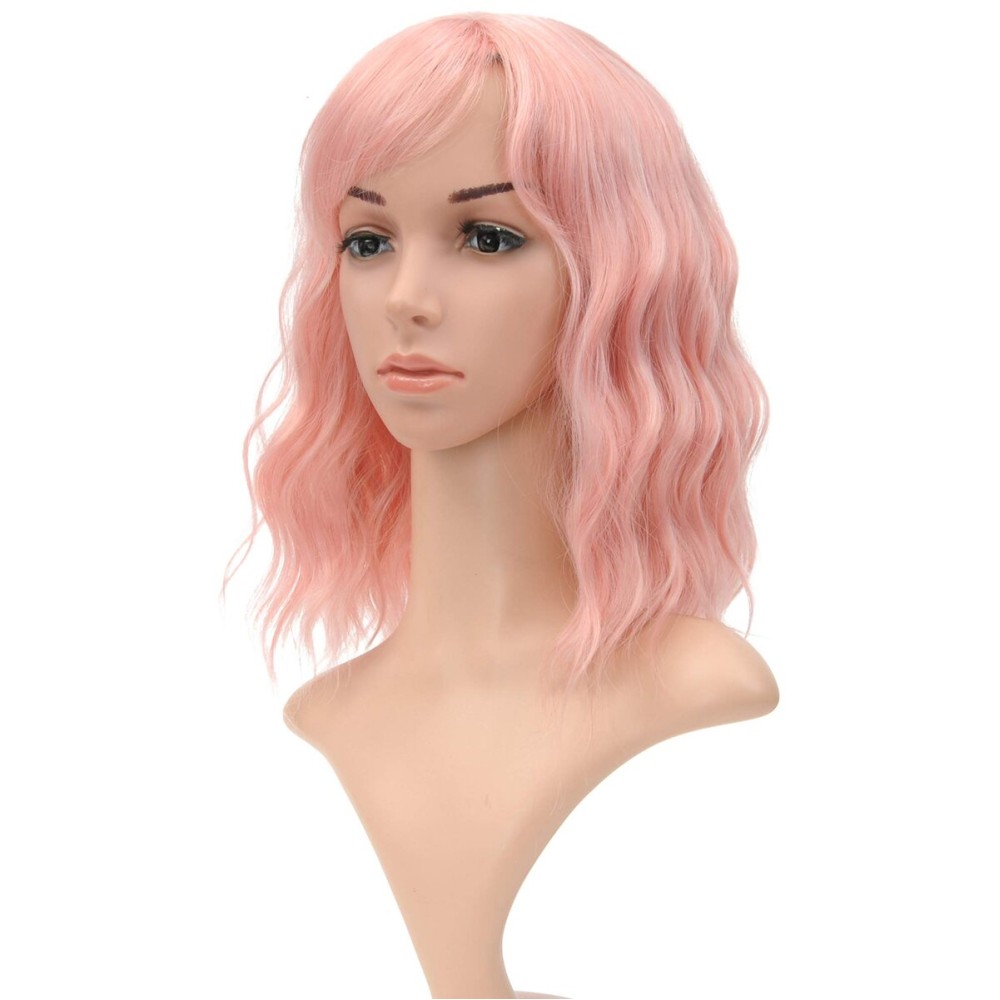VCKOVCKO Natural Wavy Pastel Pink Wig Colorful Wigs With Air Bangs Short Bob Wigs Women\'s Shoulder Length Wigs Curly Wavy Synthetic Cosplay Wig Bob Wig for Girls(12, Lovely Pink)