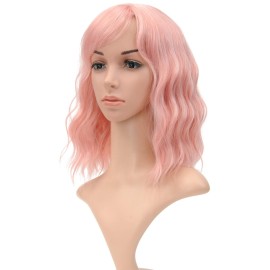 VCKOVCKO Natural Wavy Pastel Pink Wig Colorful Wigs With Air Bangs Short Bob Wigs Women\'s Shoulder Length Wigs Curly Wavy Synthetic Cosplay Wig Bob Wig for Girls(12, Lovely Pink)