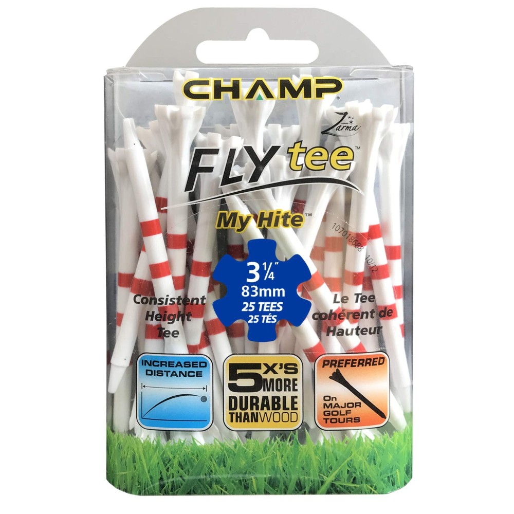Champ 3 1/4 Striped Plastic Golf Tees - 30 Count - Zarma MyHite FLYtee - White with Red Stripes - Improved Durability and Distance - 5X More Durable Than Wood