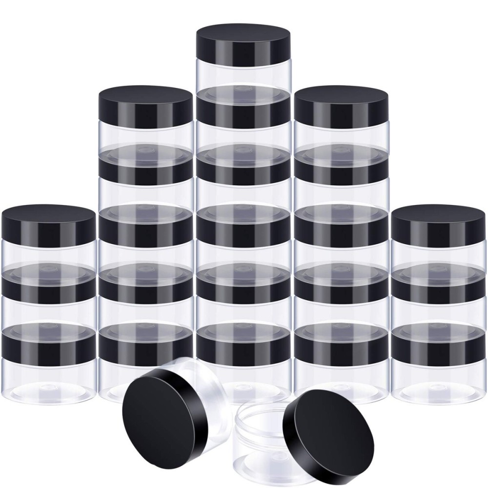 SATINIOR 24 Pieces Empty Clear Plastic Jars with Lids Round Storage Containers Wide-Mouth for Beauty Product Cosmetic Cream Lotion Liquid Butter Craft and Food (Black Lid, 4 oz)